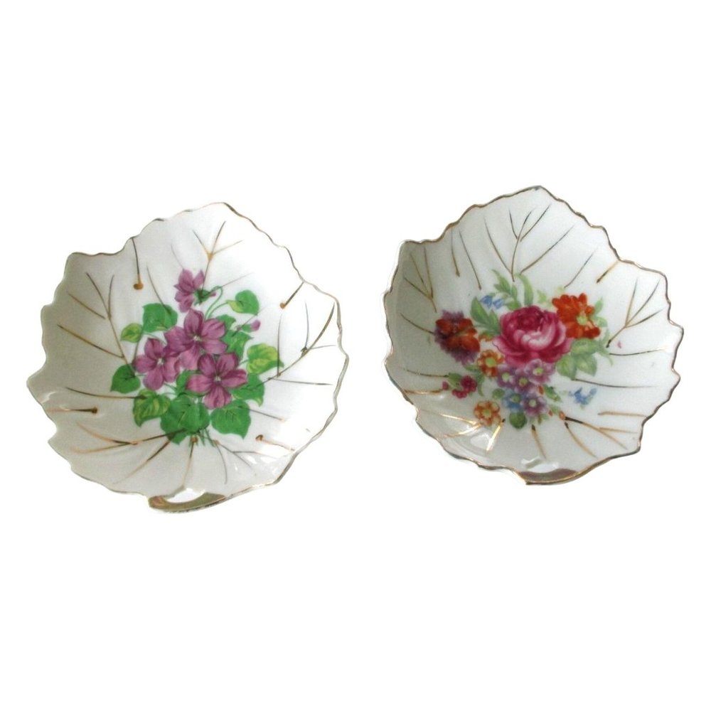 Vintage Leaf Trinket Dishes Rose Bouquet & Violets Cottagecore Decor